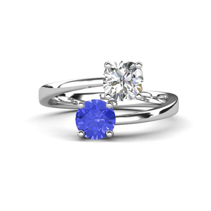 Jianna 6.00 mm Cushion Forever One Moissanite and Round Tanzanite 2 Stone Promise Ring 