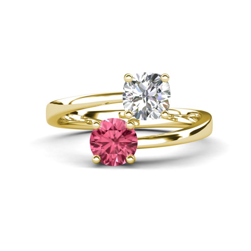 Jianna 6.00 mm Cushion Forever One Moissanite and Round Pink Tourmaline 2 Stone Promise Ring 