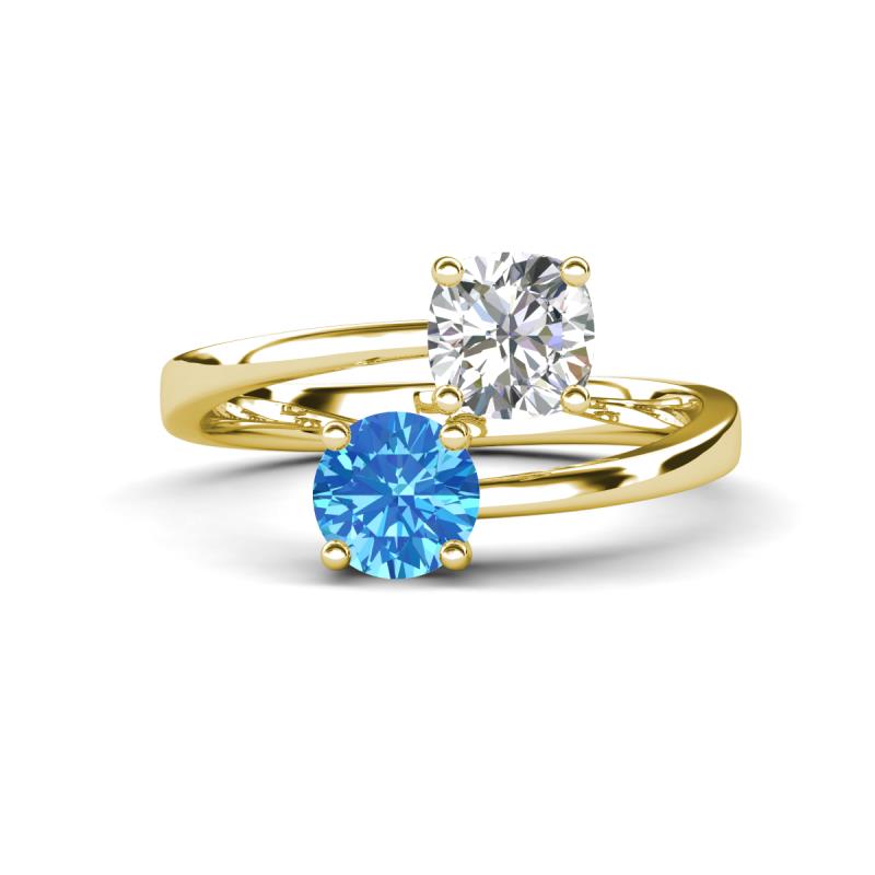 Jianna 6.00 mm Cushion Forever One Moissanite and Round Blue Topaz 2 Stone Promise Ring 