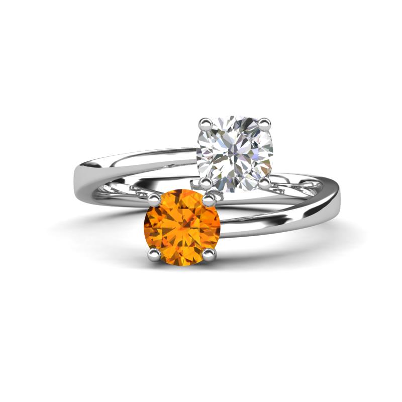 Jianna 6.00 mm Cushion Forever One Moissanite and Round Citrine 2 Stone Promise Ring 
