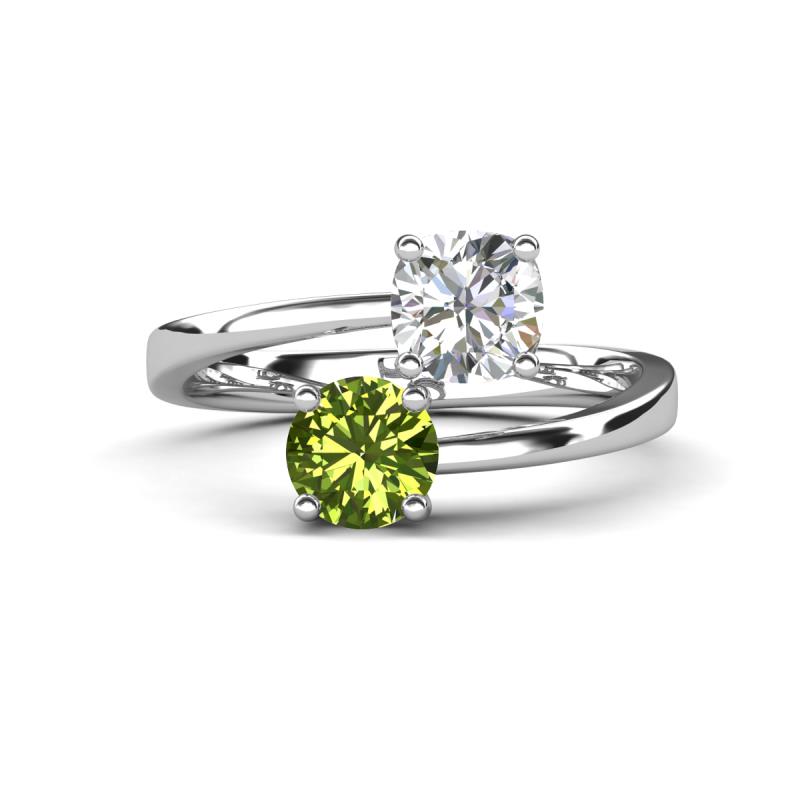 Jianna 6.00 mm Cushion Forever One Moissanite and Round Peridot 2 Stone Promise Ring 