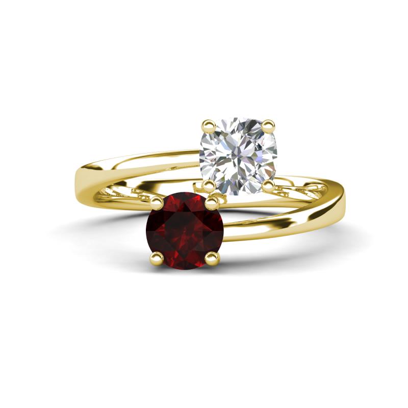 Jianna 6.00 mm Cushion Forever One Moissanite and Round Red Garnet 2 Stone Promise Ring 