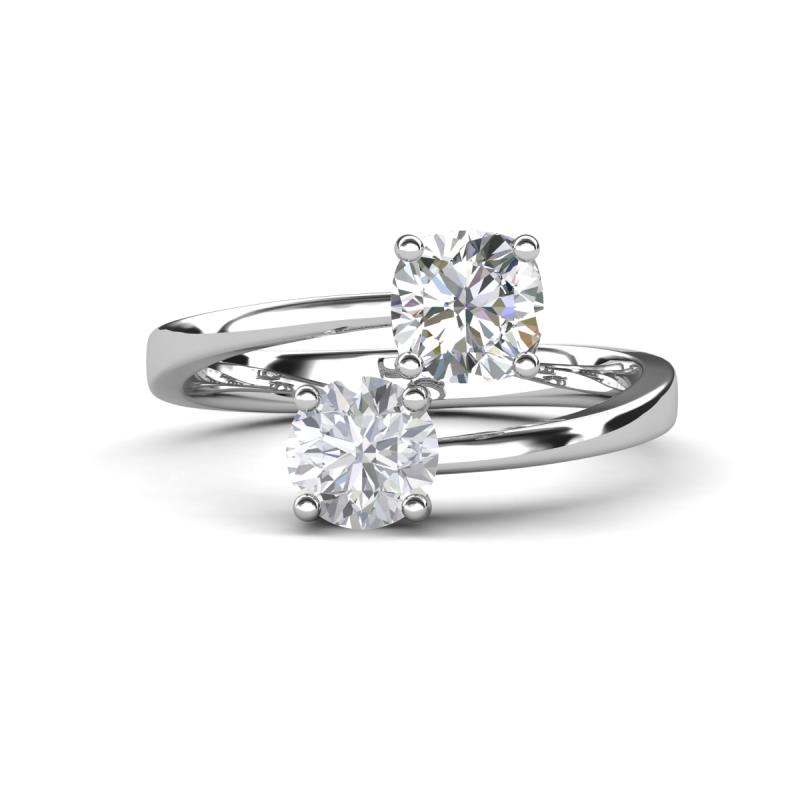 Jianna 6.00 mm Cushion Forever One Moissanite and Round White Sapphire 2 Stone Promise Ring 