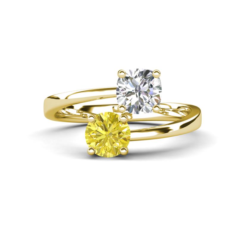 Jianna 6.00 mm Cushion Forever One Moissanite and Round Yellow Diamond 2 Stone Promise Ring 