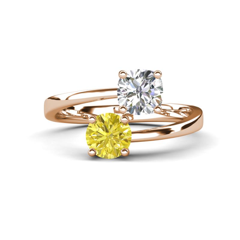 Jianna 6.00 mm Cushion Forever One Moissanite and Round Yellow Diamond 2 Stone Promise Ring 