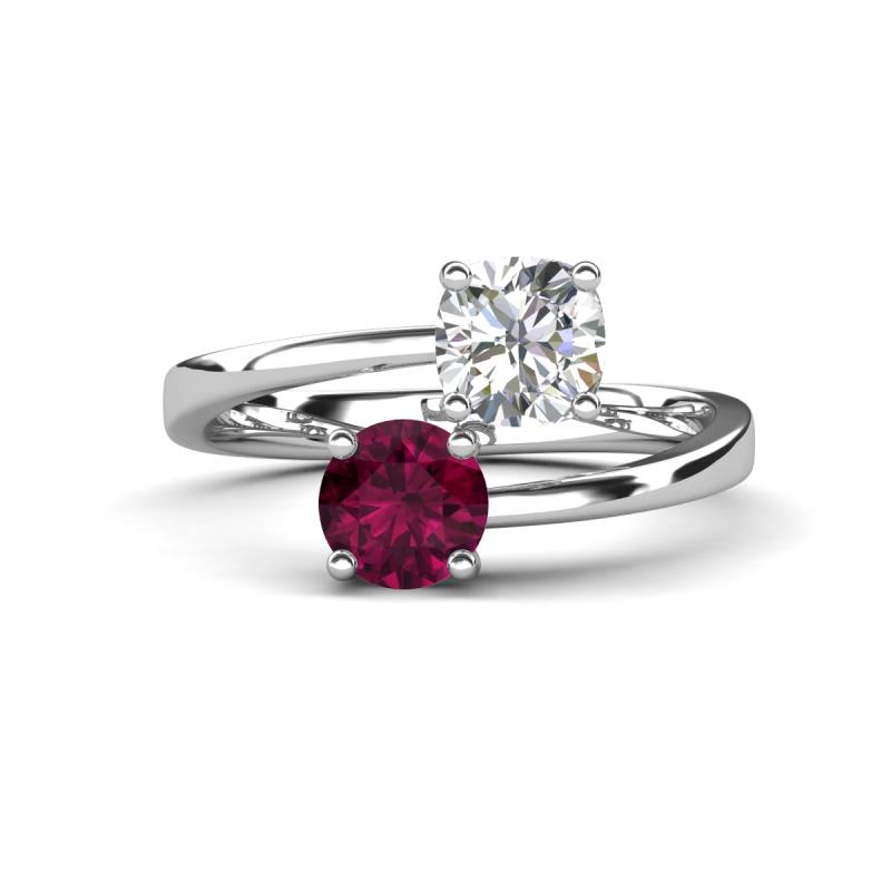 Jianna 6.00 mm Cushion Forever One Moissanite and Round Rhodolite Garnet 2 Stone Promise Ring 