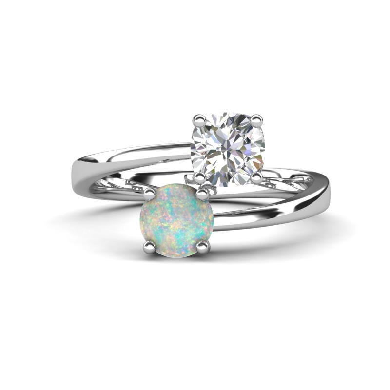 Jianna 6.00 mm Cushion Forever Brilliant Moissanite and Round Opal 2 Stone Promise Ring 