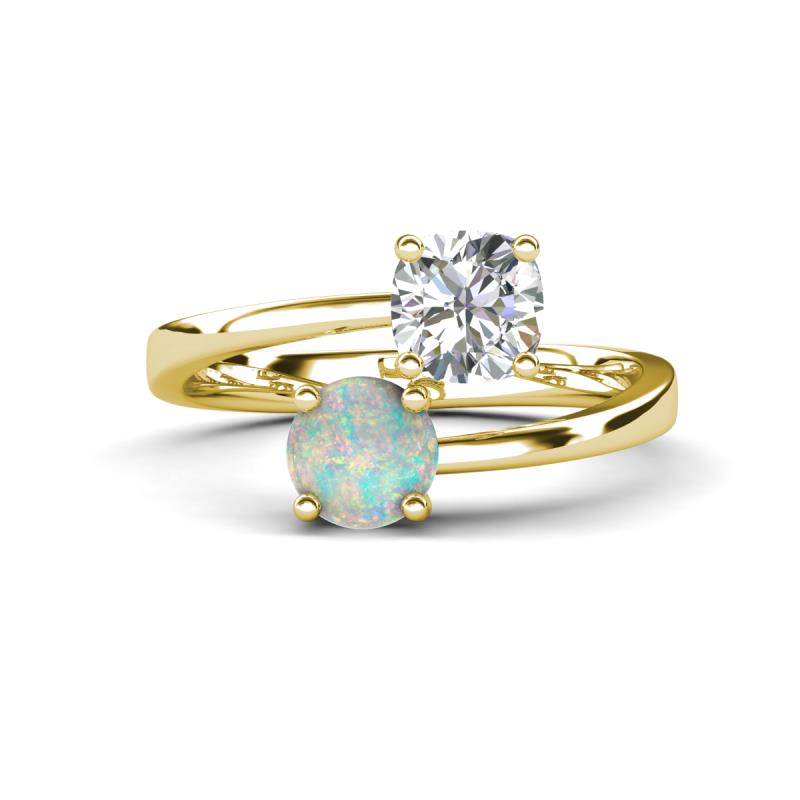 Jianna 6.00 mm Cushion Forever One Moissanite and Round Opal 2 Stone Promise Ring 