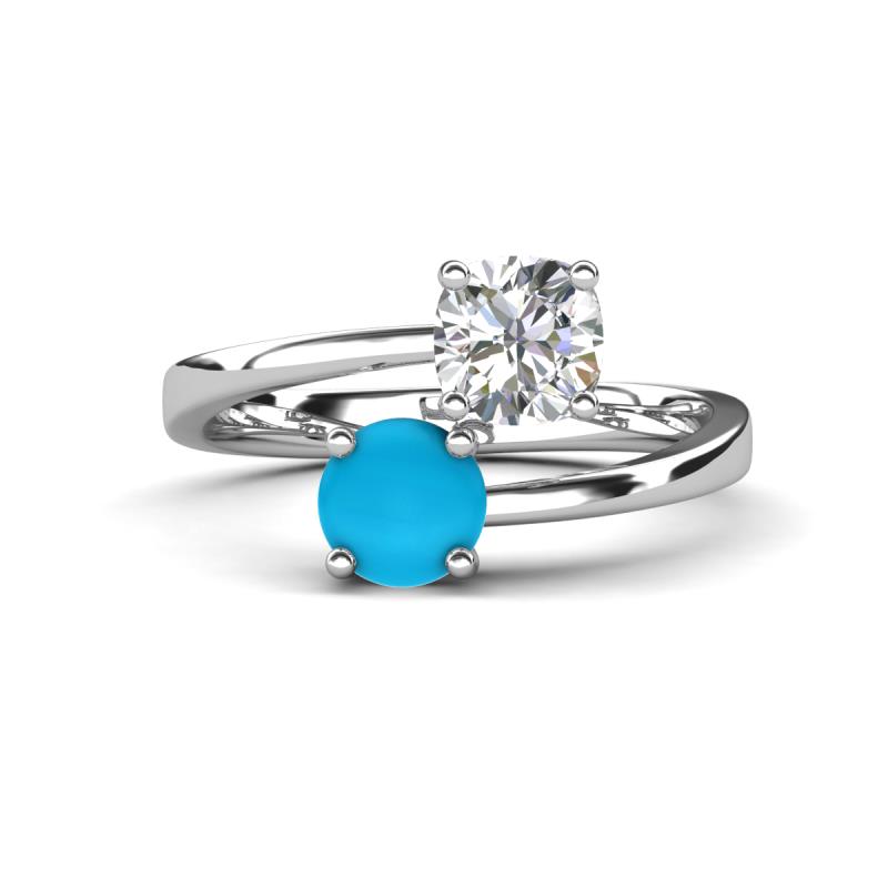 Jianna 6.00 mm Cushion Forever Brilliant Moissanite and Round Turquoise 2 Stone Promise Ring 