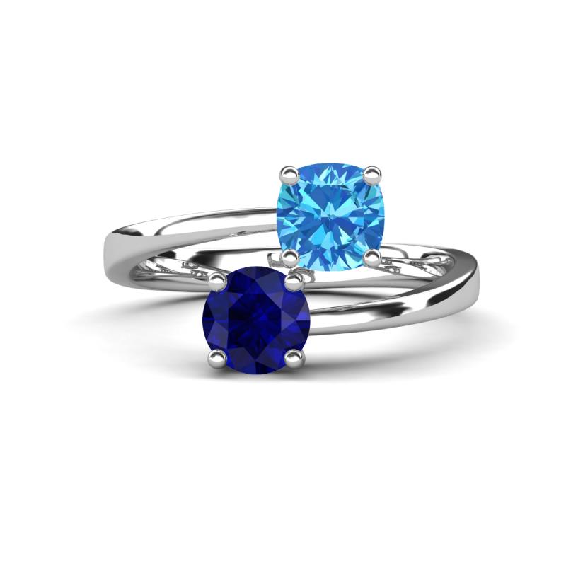 Jianna 6.00 mm Cushion Blue Topaz and Round Blue Sapphire 2 Stone Promise Ring 
