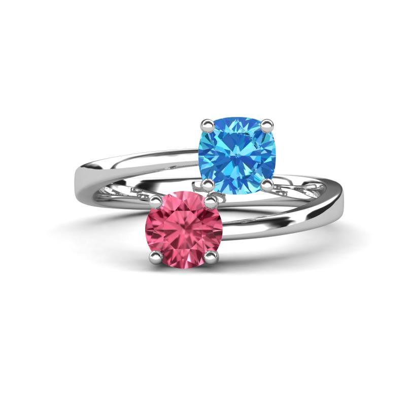 Jianna 6.00 mm Cushion Blue Topaz and Round Pink Tourmaline 2 Stone Promise Ring 