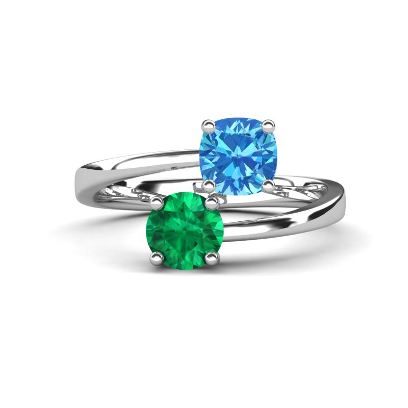 Jianna 6.00 mm Cushion Blue Topaz and Round Emerald 2 Stone Promise Ring 