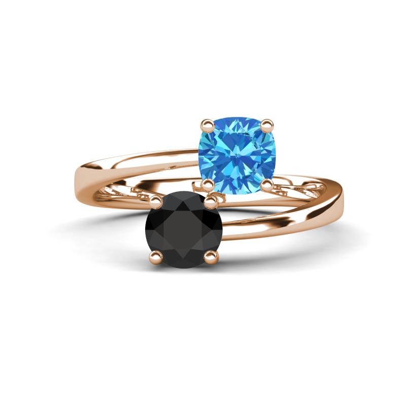 Jianna 6.00 mm Cushion Blue Topaz and Round Black Diamond 2 Stone Promise Ring 