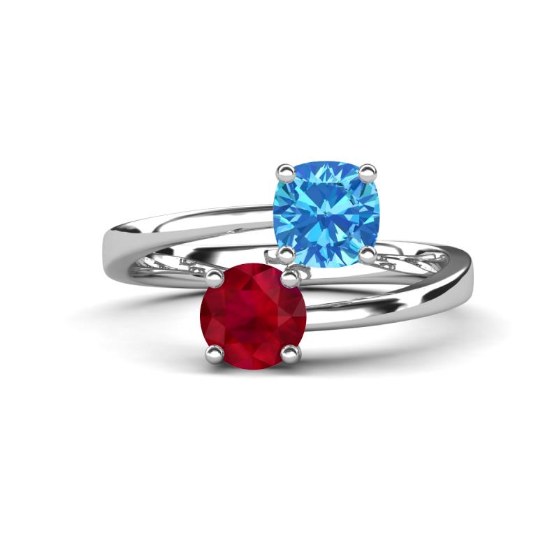 Jianna 6.00 mm Cushion Blue Topaz and Round Ruby 2 Stone Promise Ring 