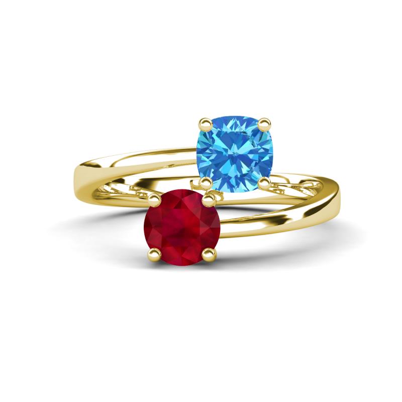 Jianna 6.00 mm Cushion Blue Topaz and Round Ruby 2 Stone Promise Ring 