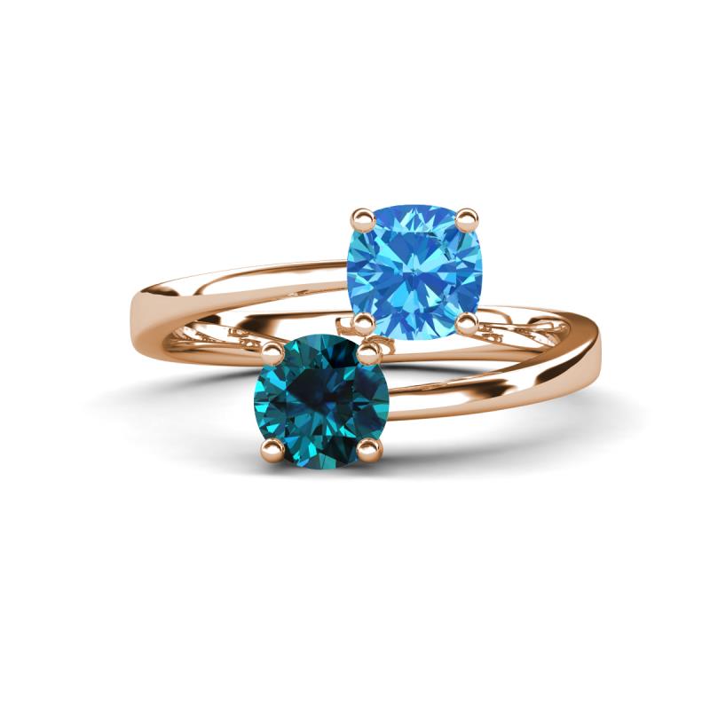 Jianna 6.00 mm Cushion Blue Topaz and Round Blue Diamond 2 Stone Promise Ring 