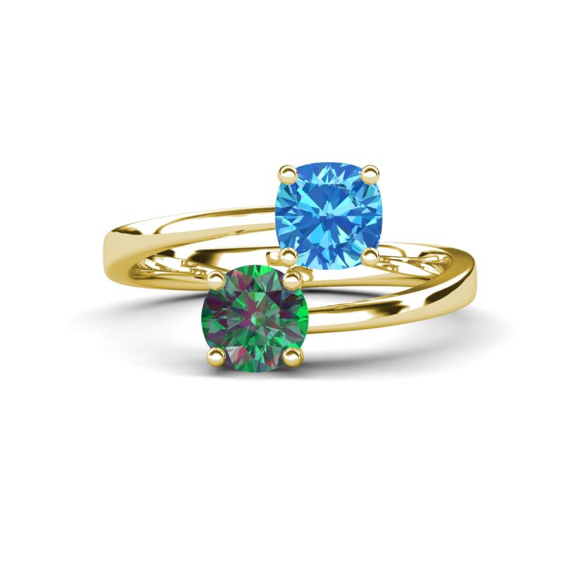 Jianna 6.00 mm Cushion Blue Topaz and Round Lab Created Alexandrite 2 Stone Promise Ring 