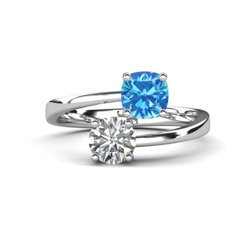 Jianna 6.00 mm Cushion Blue Topaz and GIA Certified Round Natural Diamond 2 Stone Promise Ring 