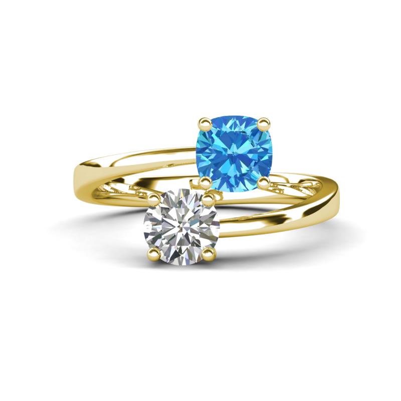 Jianna 6.00 mm Cushion Blue Topaz and GIA Certified Round Natural Diamond 2 Stone Promise Ring 