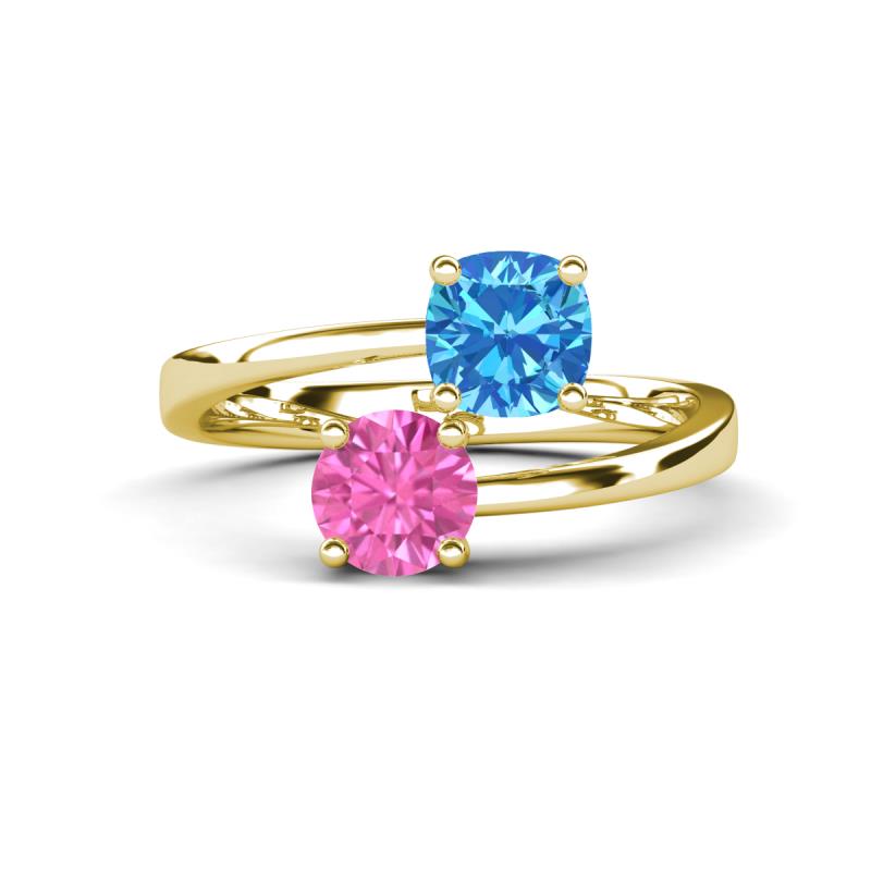 Jianna 6.00 mm Cushion Blue Topaz and Round Lab Created Pink Sapphire 2 Stone Promise Ring 