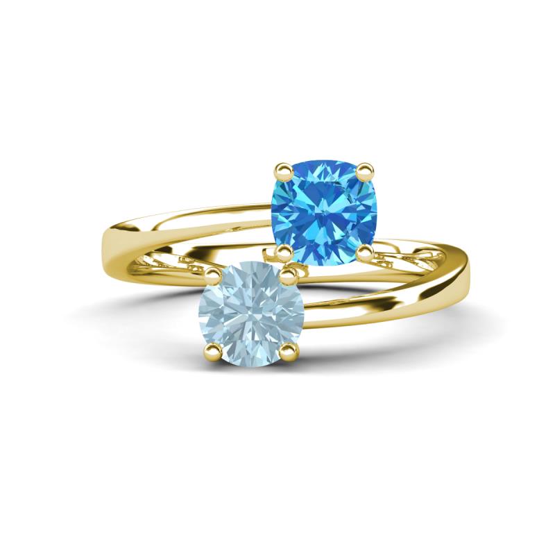 Jianna 6.00 mm Cushion Blue Topaz and Round Aquamarine 2 Stone Promise Ring 