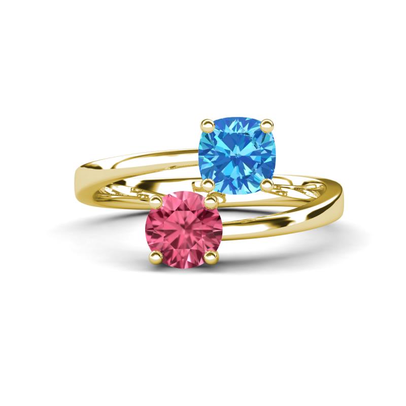 Jianna 6.00 mm Cushion Blue Topaz and Round Pink Tourmaline 2 Stone Promise Ring 