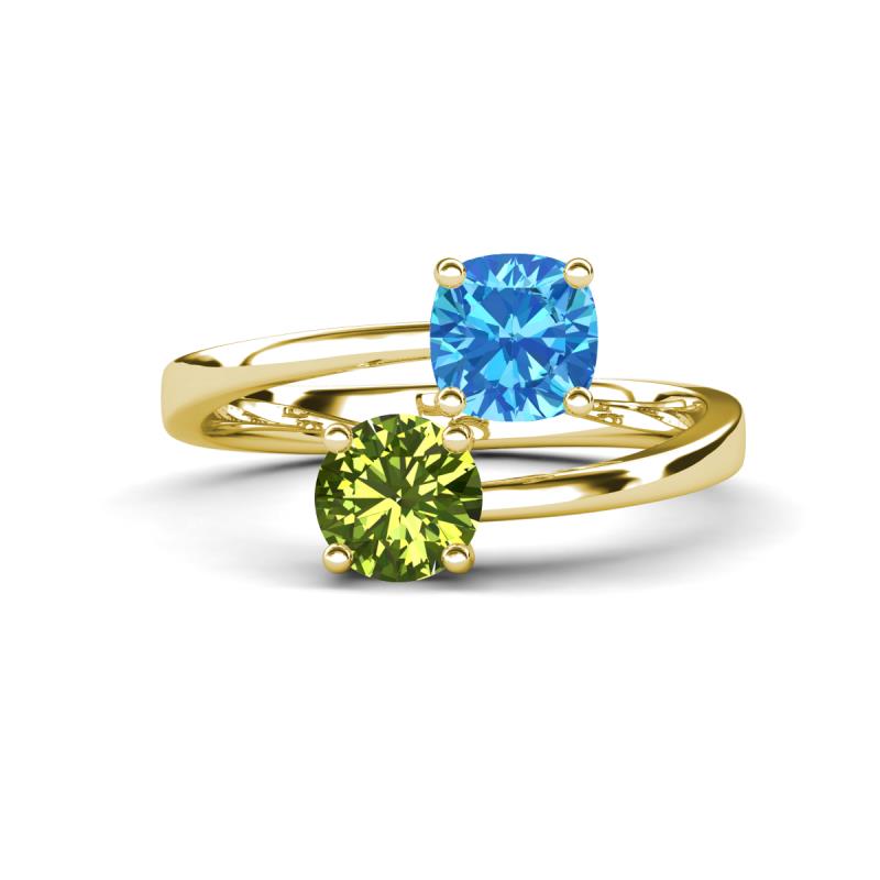 Jianna 6.00 mm Cushion Blue Topaz and Round Peridot 2 Stone Promise Ring 