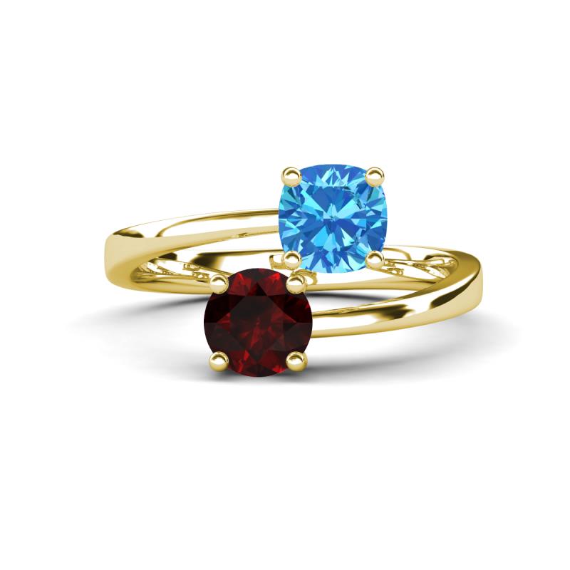 Jianna 6.00 mm Cushion Blue Topaz and Round Red Garnet 2 Stone Promise Ring 