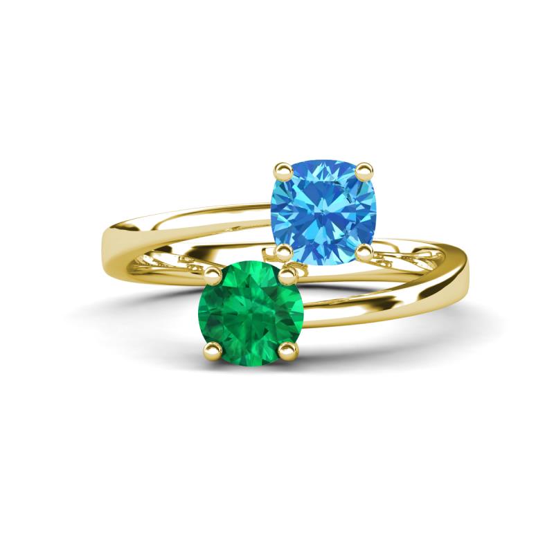 Jianna 6.00 mm Cushion Blue Topaz and Round Emerald 2 Stone Promise Ring 