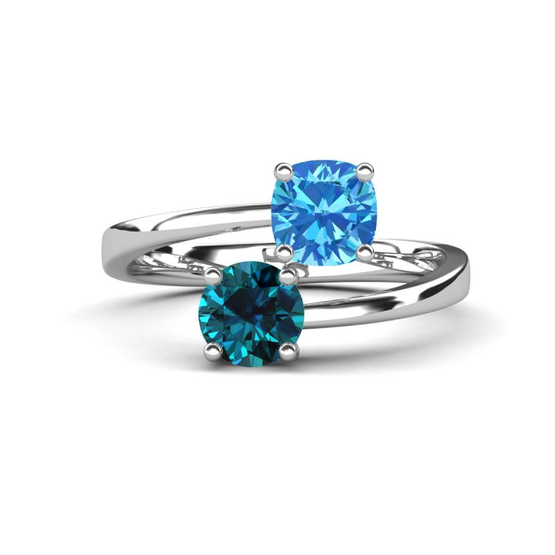 Jianna 6.00 mm Cushion Blue Topaz and Round Blue Diamond 2 Stone Promise Ring 