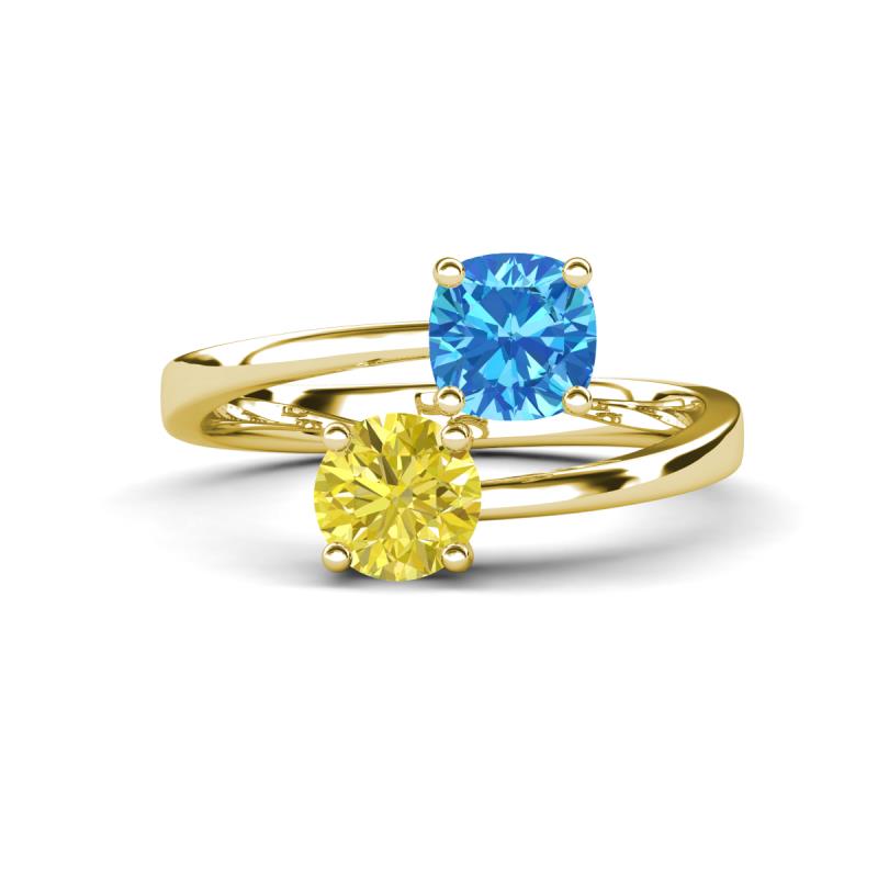 Jianna 6.00 mm Cushion Blue Topaz and Round Yellow Diamond 2 Stone Promise Ring 