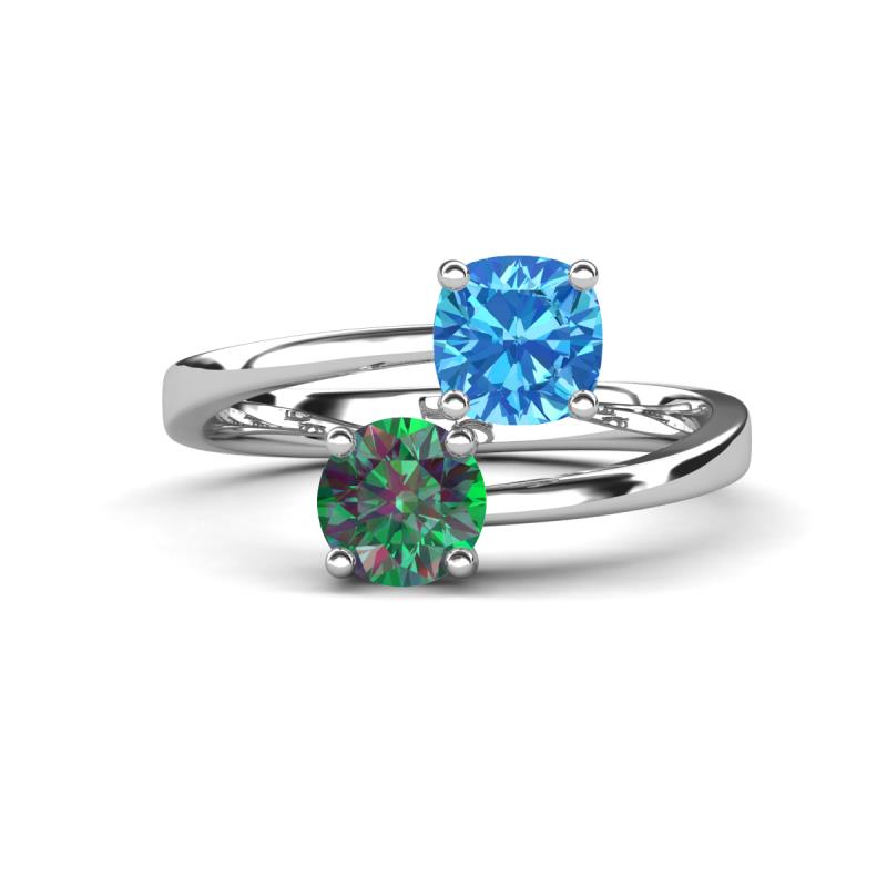 Jianna 6.00 mm Cushion Blue Topaz and Round Lab Created Alexandrite 2 Stone Promise Ring 