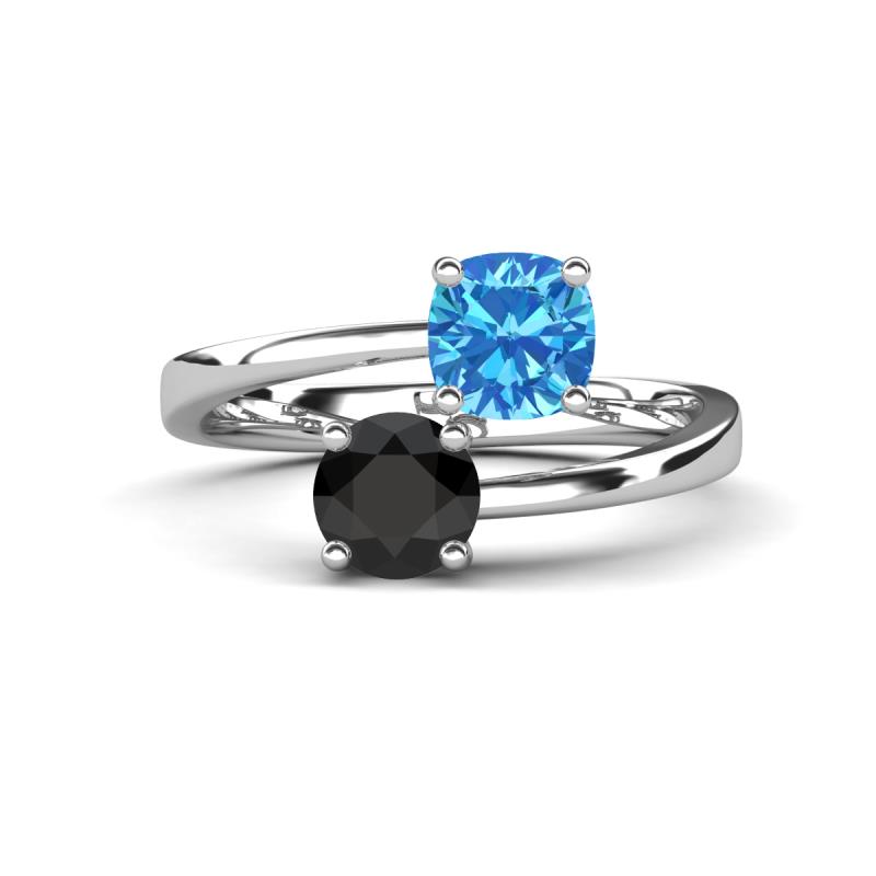 Jianna 6.00 mm Cushion Blue Topaz and Round Black Diamond 2 Stone Promise Ring 