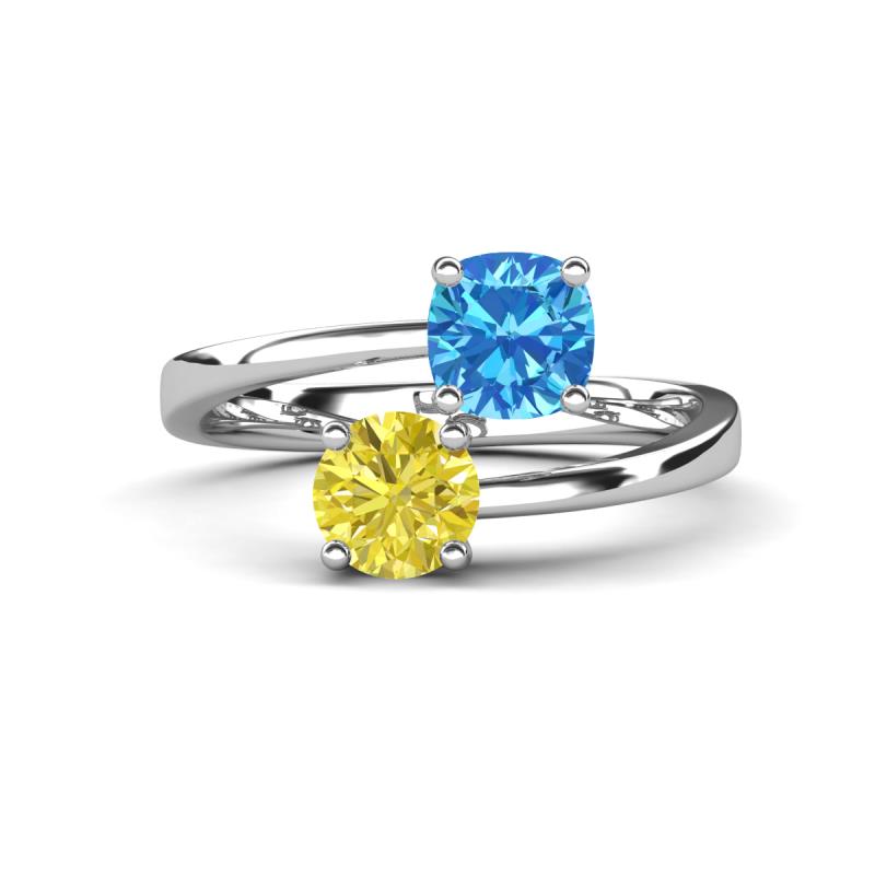 Jianna 6.00 mm Cushion Blue Topaz and Round Yellow Diamond 2 Stone Promise Ring 