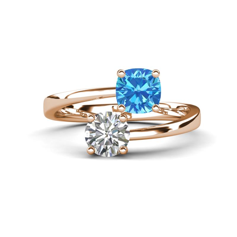 Jianna 6.00 mm Cushion Blue Topaz and Round Forever Brilliant Moissanite 2 Stone Promise Ring 