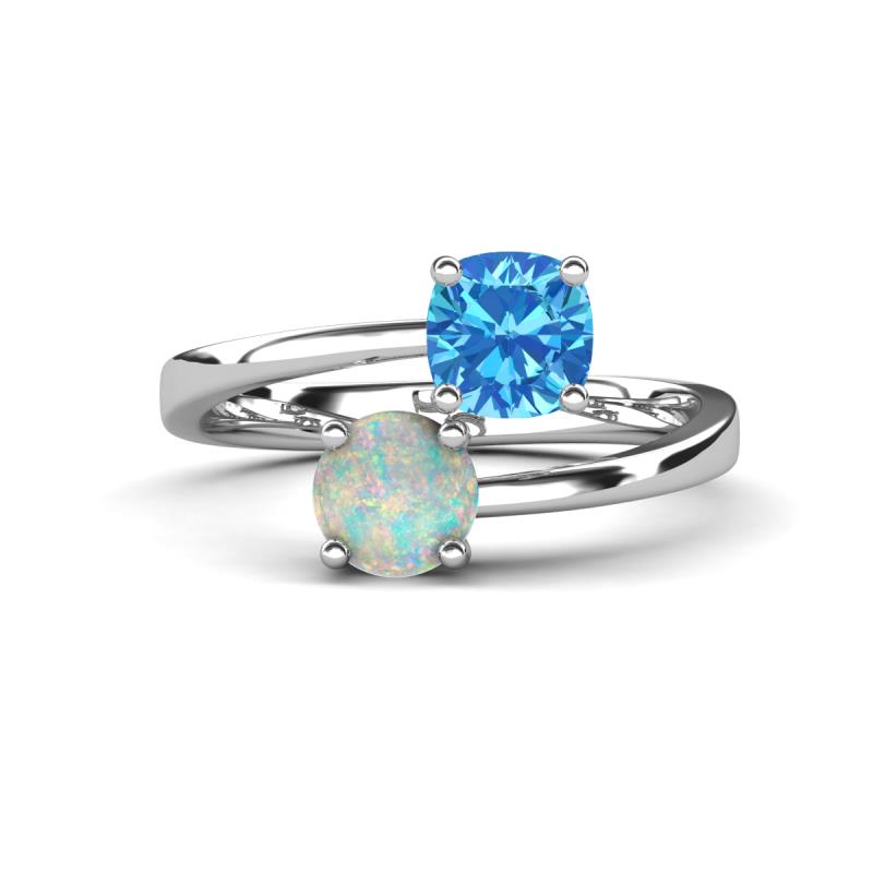 Jianna 6.00 mm Cushion Blue Topaz and Round Opal 2 Stone Promise Ring 