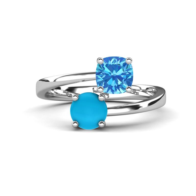 Jianna 6.00 mm Cushion Blue Topaz and Round Turquoise 2 Stone Promise Ring 