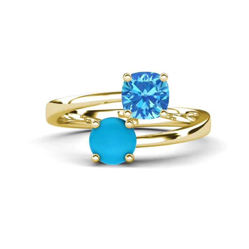 Jianna 6.00 mm Cushion Blue Topaz and Round Turquoise 2 Stone Promise Ring 