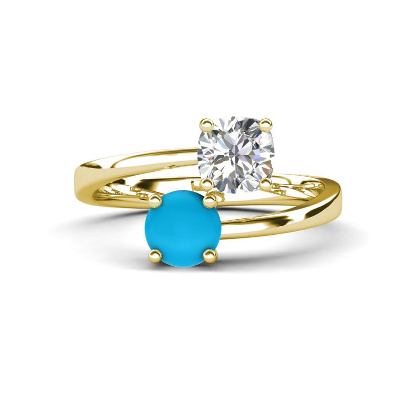 Jianna IGI Certified 6.00 mm Cushion Lab Grown Diamond and Round Turquoise 2 Stone Promise Ring 