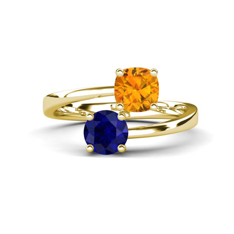 Jianna 6.00 mm Cushion Citrine and Round Blue Sapphire 2 Stone Promise Ring 