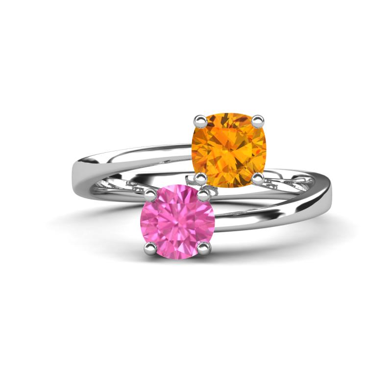 Jianna 6.00 mm Cushion Citrine and Round Lab Created Pink Sapphire 2 Stone Promise Ring 
