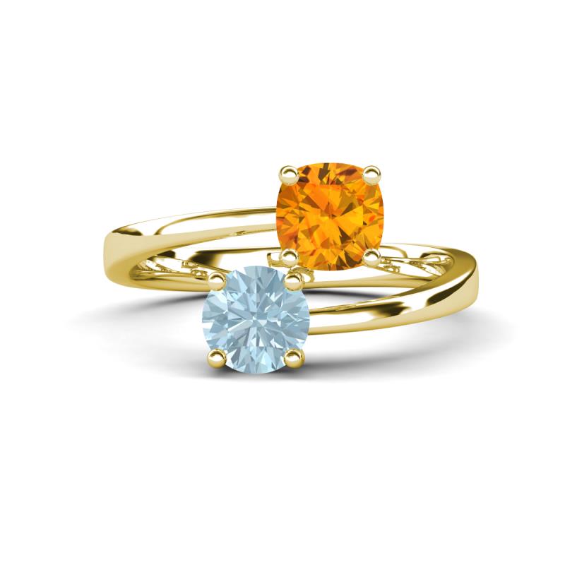 Jianna 6.00 mm Cushion Citrine and Round Aquamarine 2 Stone Promise Ring 