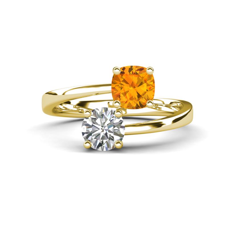 Jianna 6.00 mm Cushion Citrine and GIA Certified Round Natural Diamond 2 Stone Promise Ring 