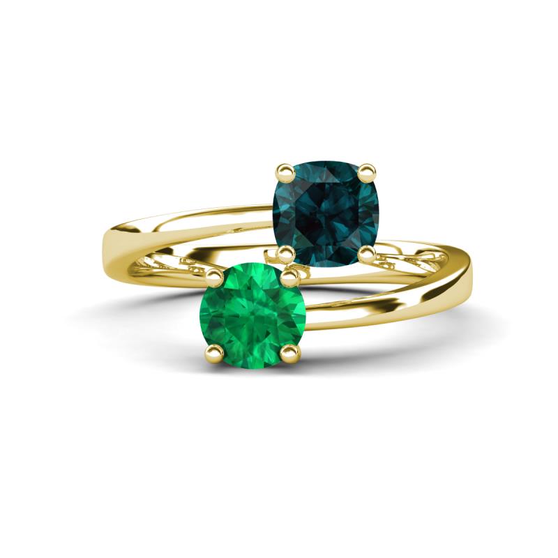 Jianna 6.00 mm Cushion London Blue Topaz and Round Emerald 2 Stone Promise Ring 