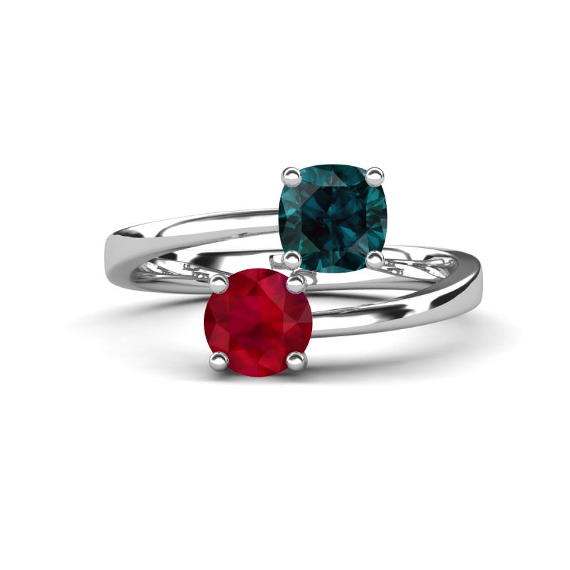 Jianna 6.00 mm Cushion London Blue Topaz and Round Ruby 2 Stone Promise Ring 