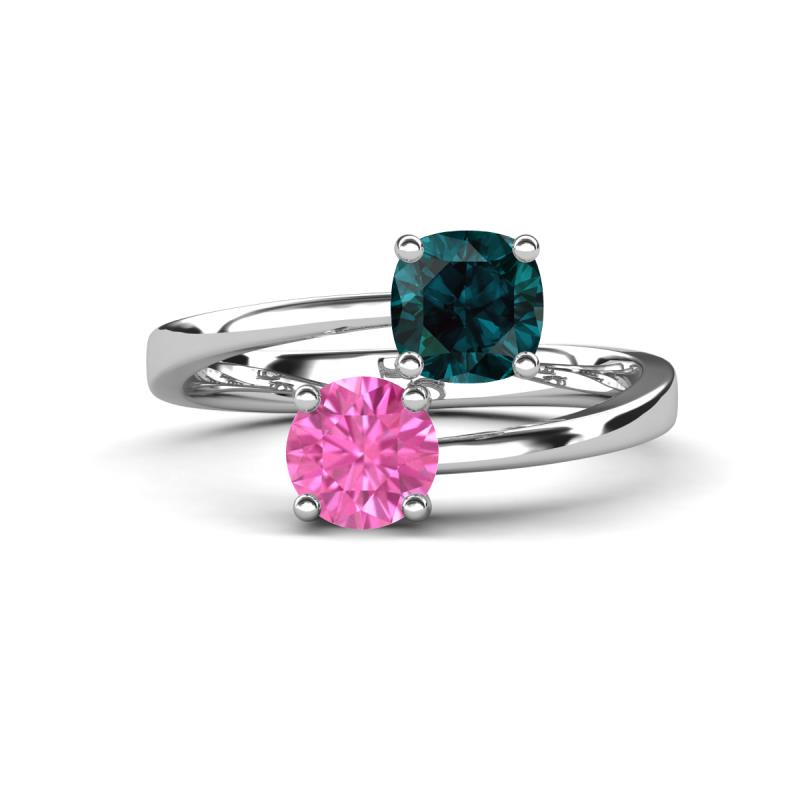Jianna 6.00 mm Cushion London Blue Topaz and Round Lab Created Pink Sapphire 2 Stone Promise Ring 