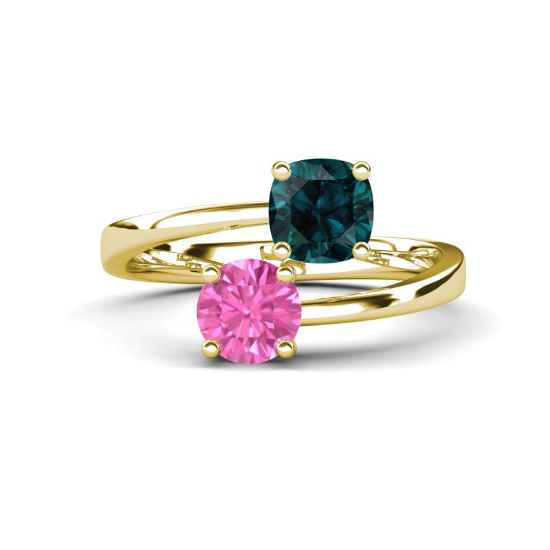 Jianna 6.00 mm Cushion London Blue Topaz and Round Lab Created Pink Sapphire 2 Stone Promise Ring 