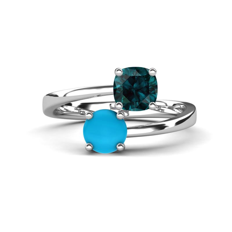 Jianna 6.00 mm Cushion London Blue Topaz and Round Turquoise 2 Stone Promise Ring 