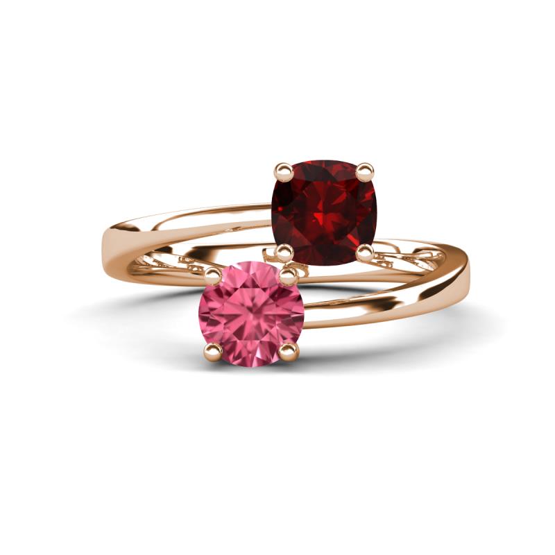 Jianna 6.00 mm Cushion Red Garnet and Round Pink Tourmaline 2 Stone Promise Ring 