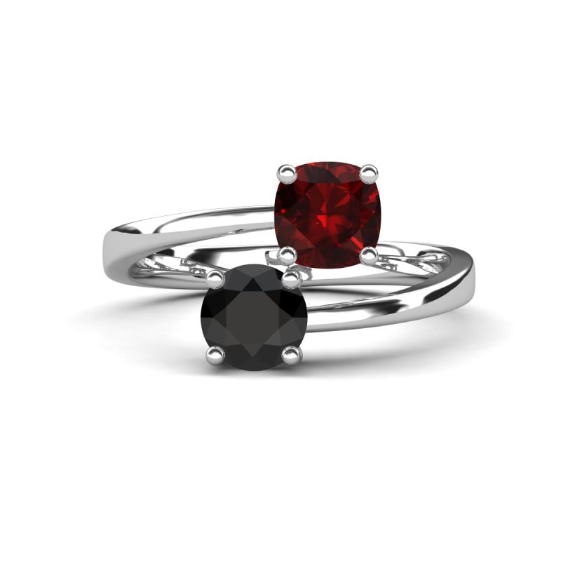 Jianna 6.00 mm Cushion Red Garnet and Round Black Diamond 2 Stone Promise Ring 